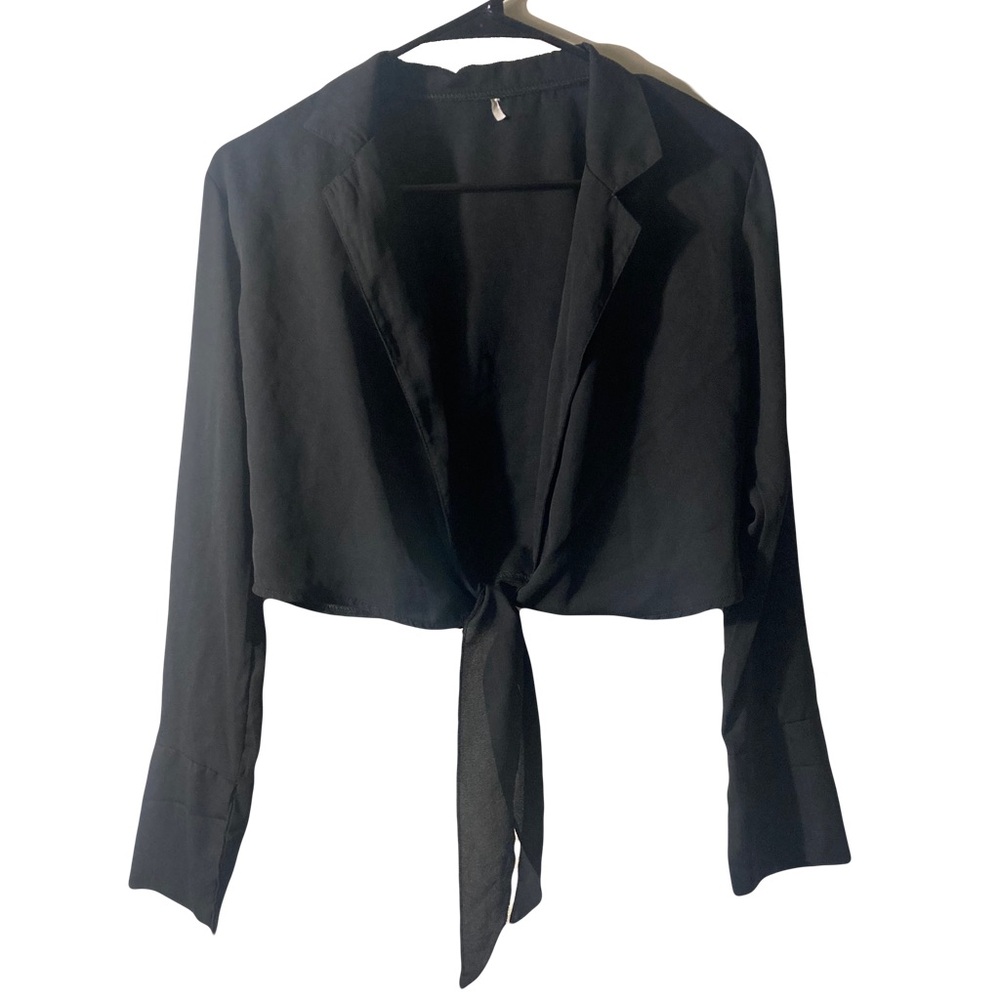 Long Sleeve Black Tie Up Blouse Top Medium